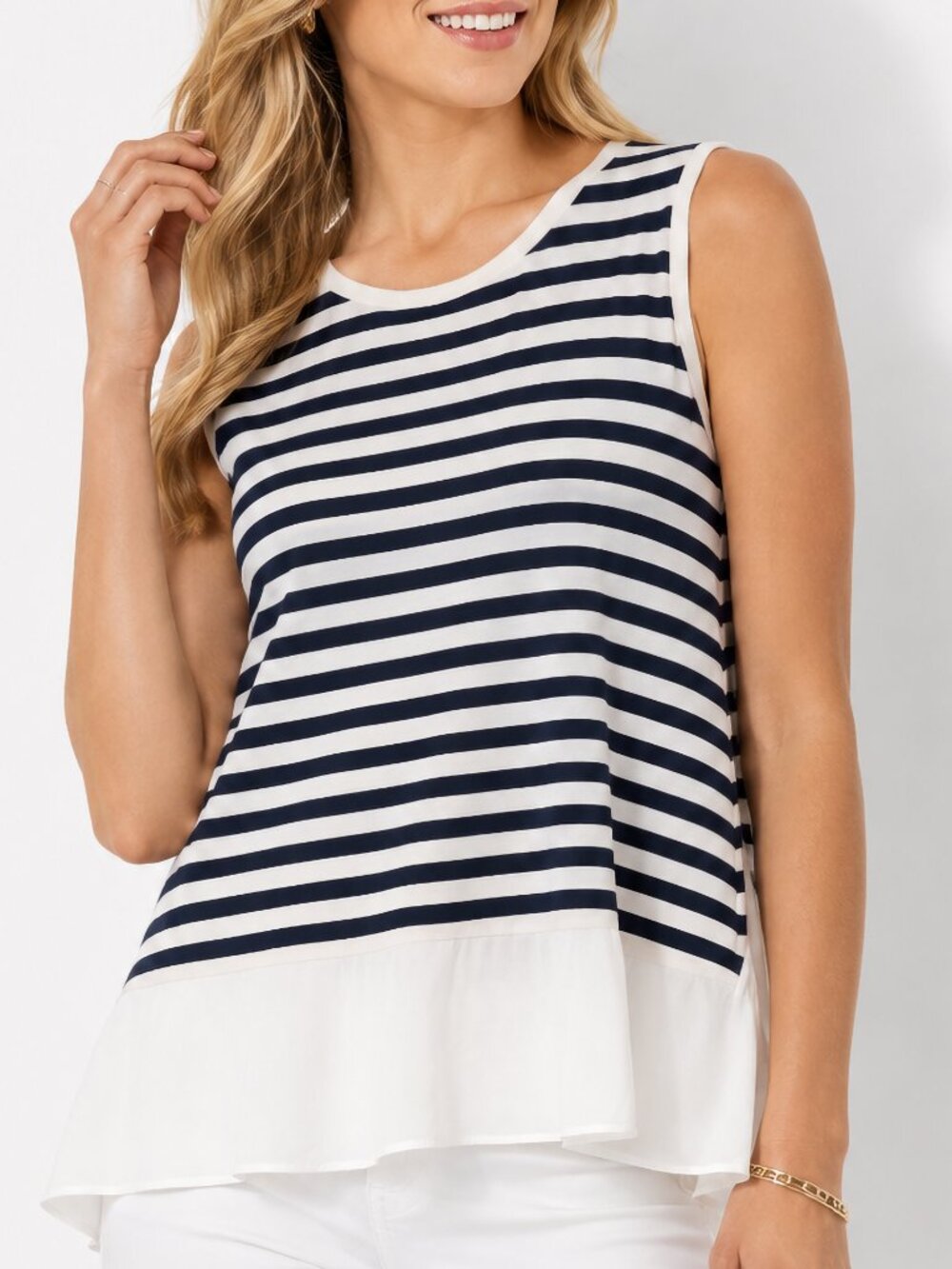 Akris Punto Navy White Stripe Peplum Blouse 4 Sleeveless Designer Top